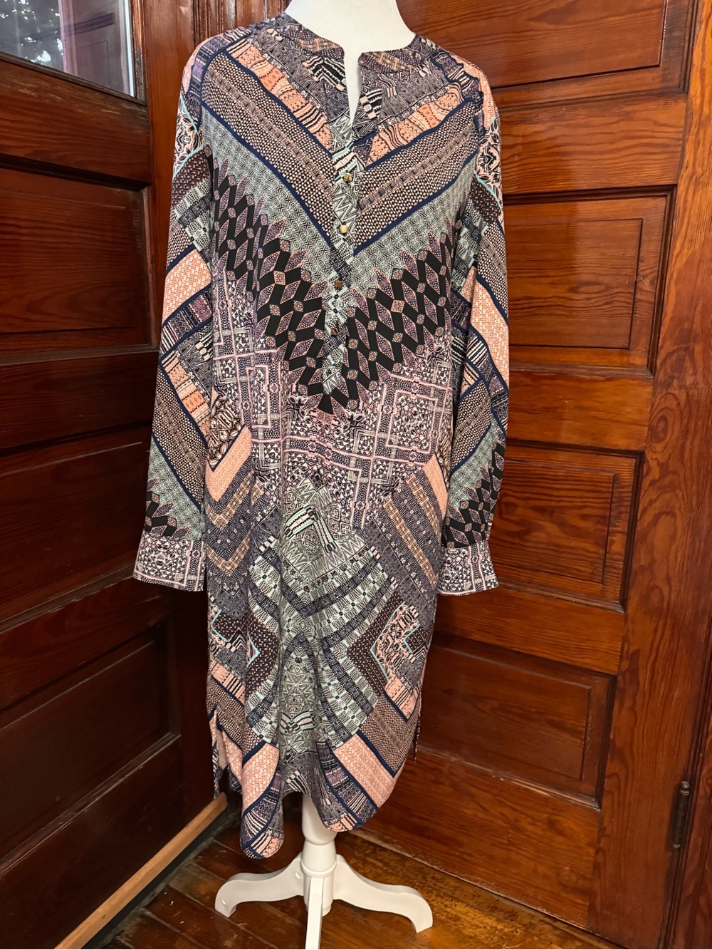 ANTONIO MELANI Peach and Navy Geometric Print Midi Dress